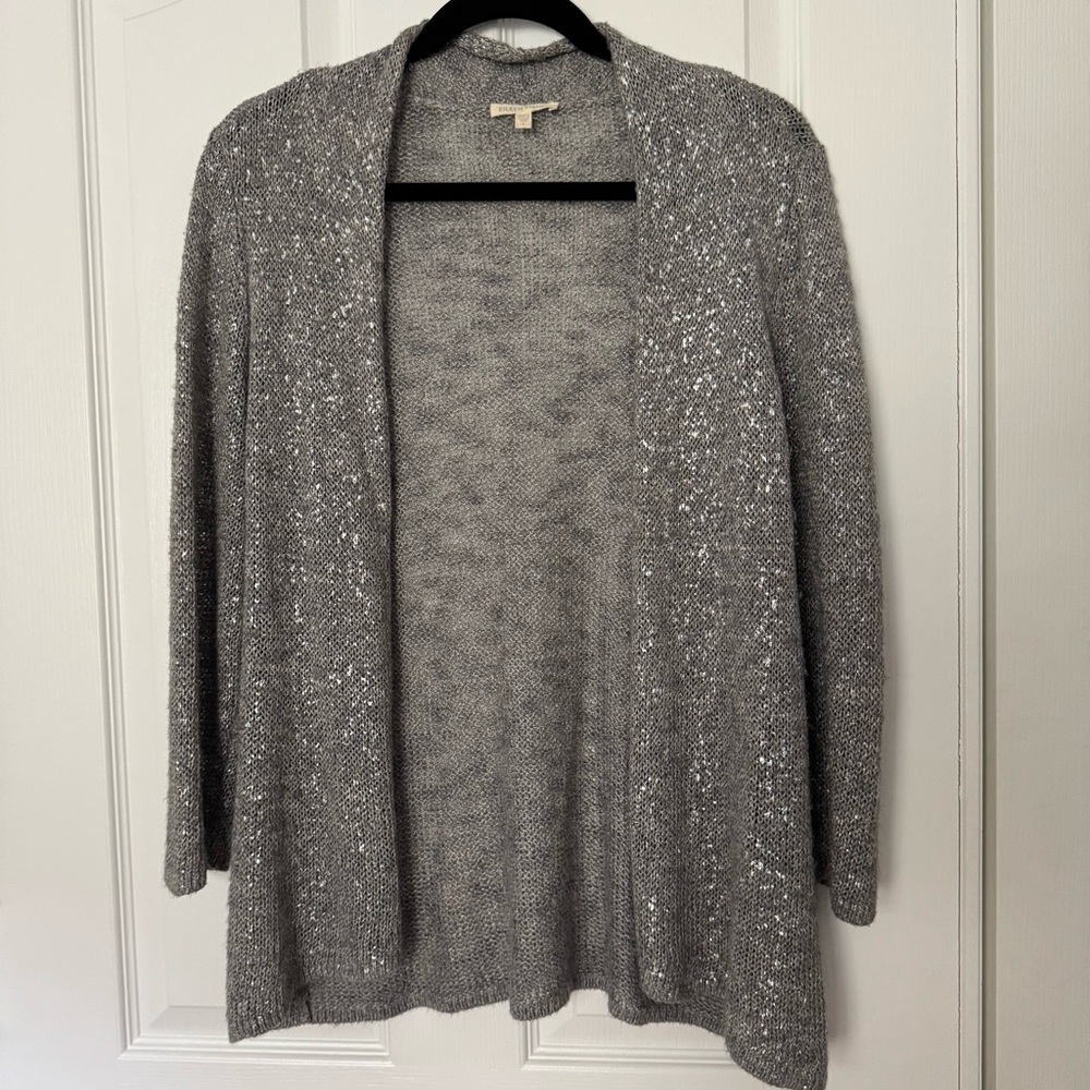 Eileen Fisher Lightweight Shimmer Karma Gray Cardigan with Metallic Shimmer Sz S